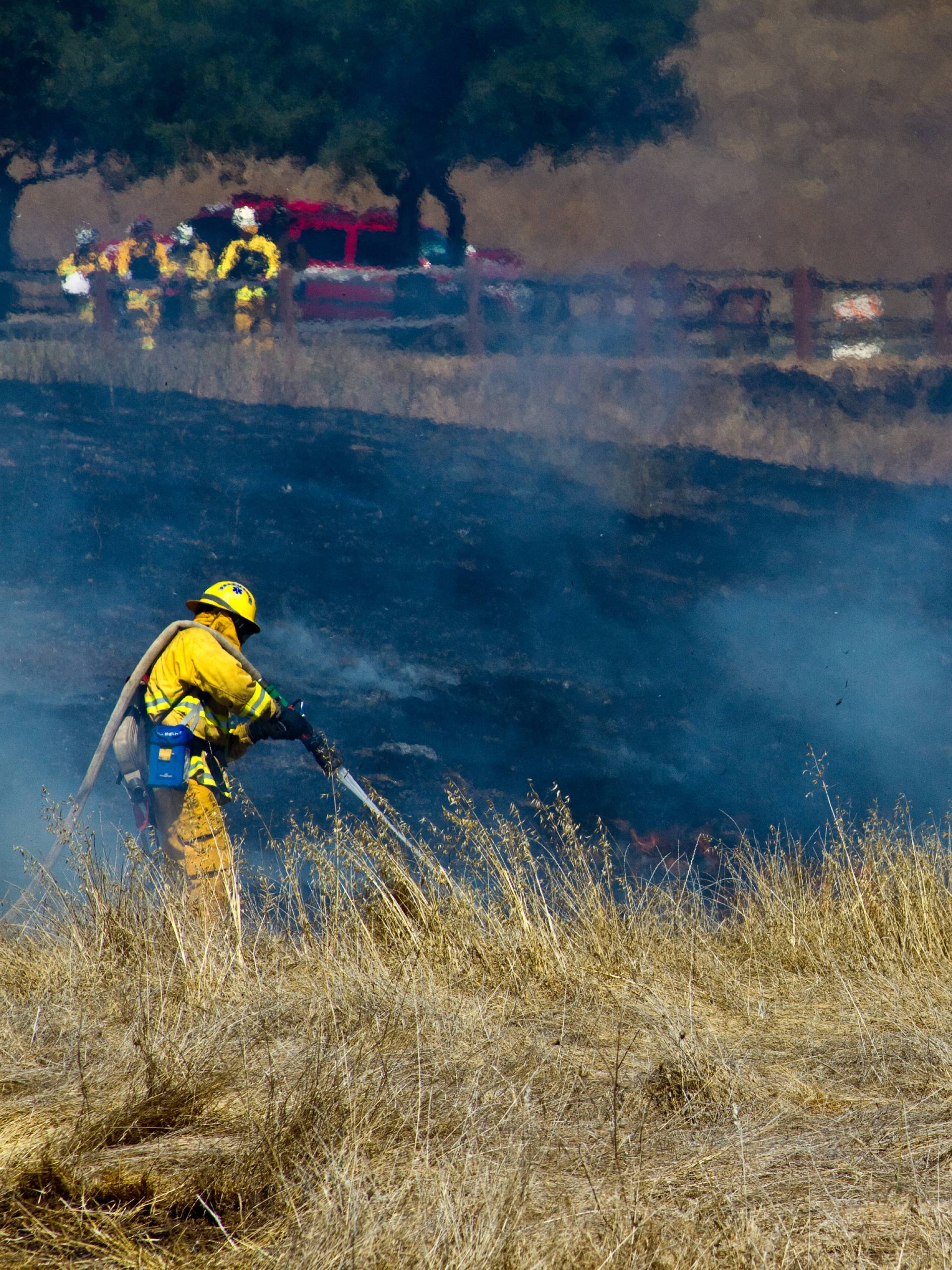 A wildland firefighter wearing high-visibility equipment while holding a hose to put out a wild fire.