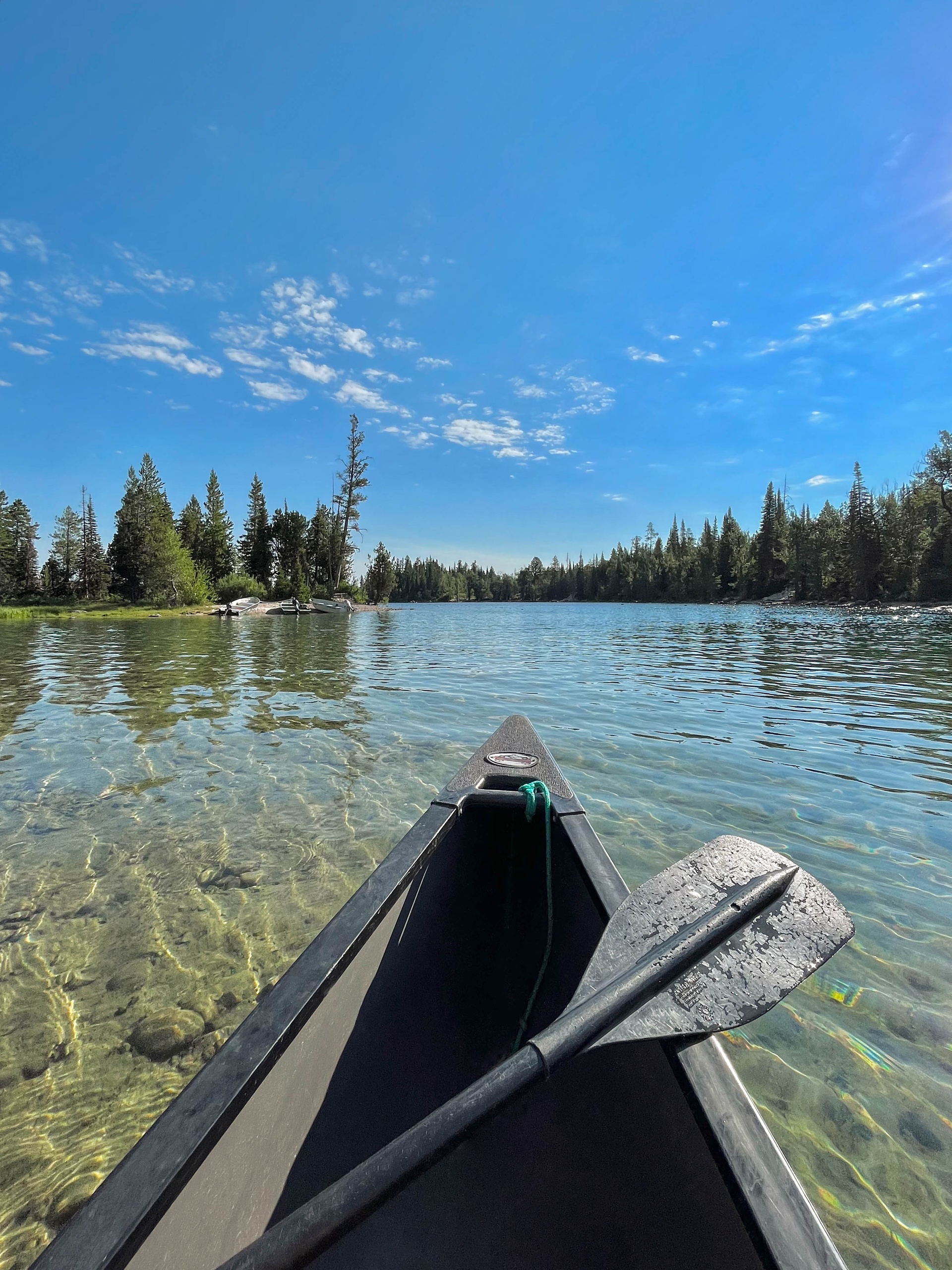 A close-up view shows the front of a black canoe and a black paddle on a large body of water. Trees are in the background.