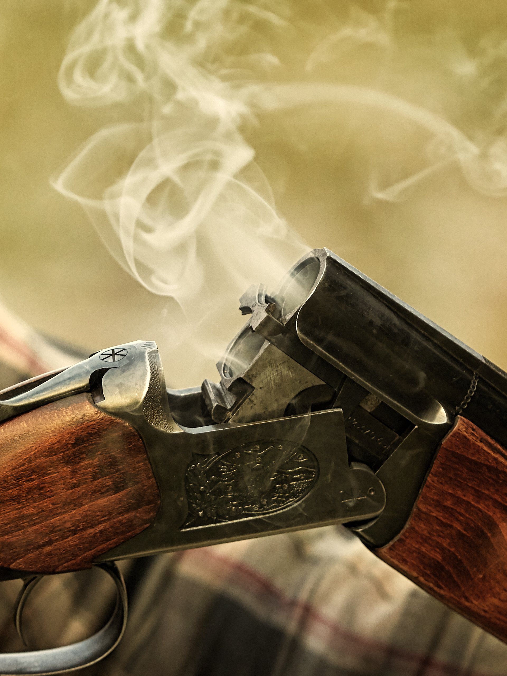 A hunting rifle with wood components releases smoke from the barrel after firing. Smoke rings form in the air.
