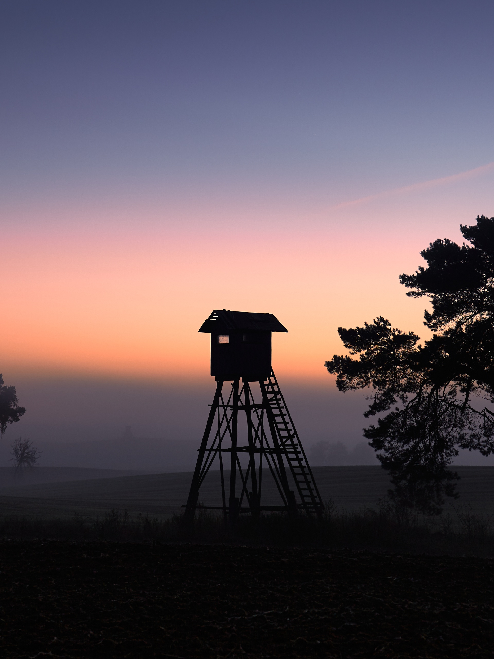 Hunting tower and trees in silhouette against colorful sunrise sky, with low fog drifting across quiet rural field.