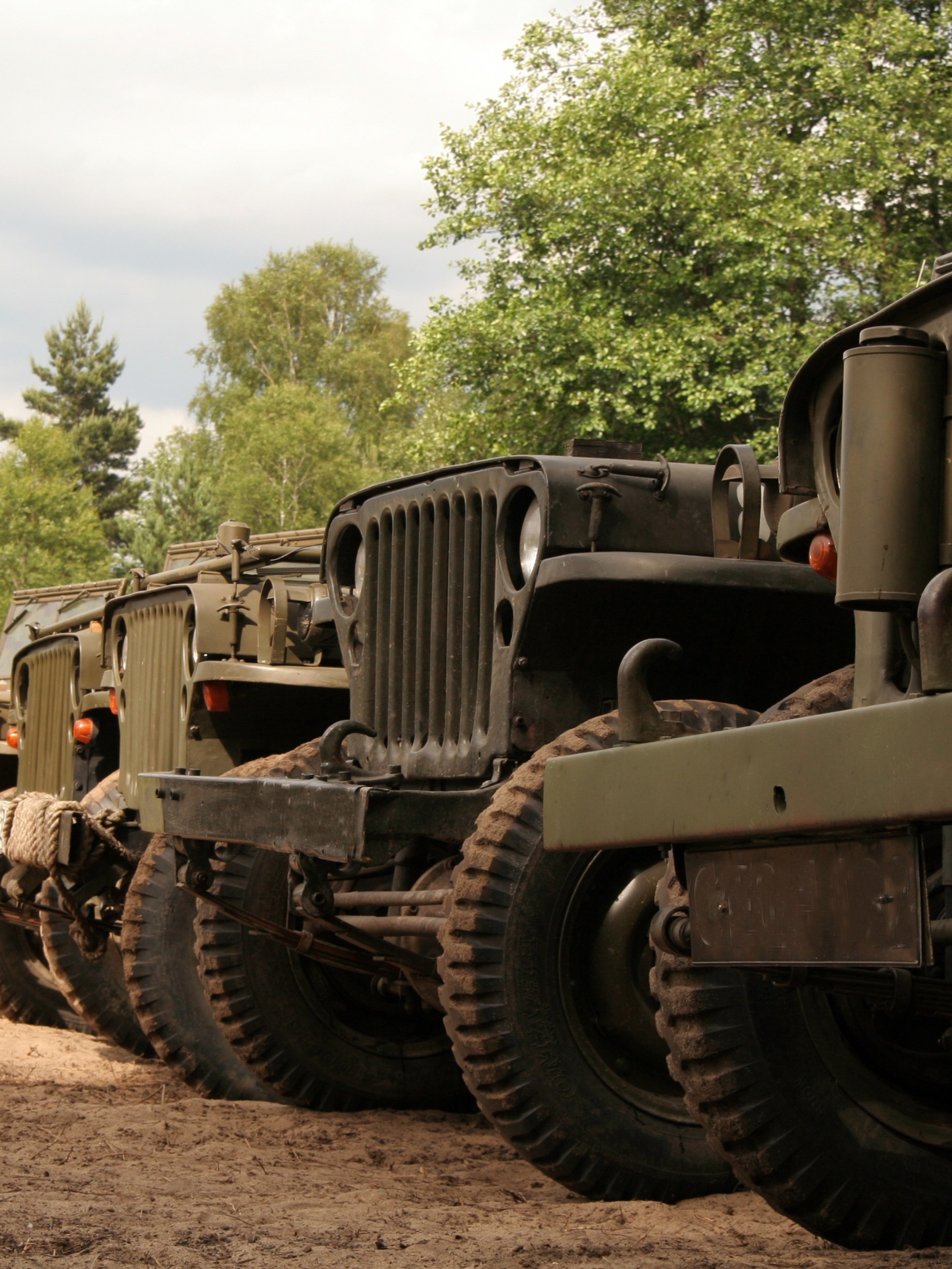 A row of olive-green military Jeeps parked along a dirt road, with large, rugged tires and trees in the background.